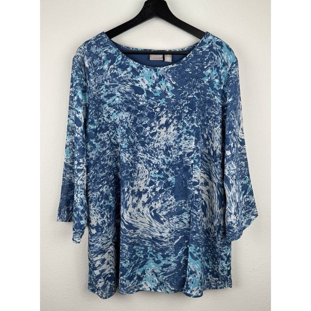 Chicos Top Womens Size XL 3 Blue 3/4 Sheer Sleeve Artsy Boho Flowy Office Work